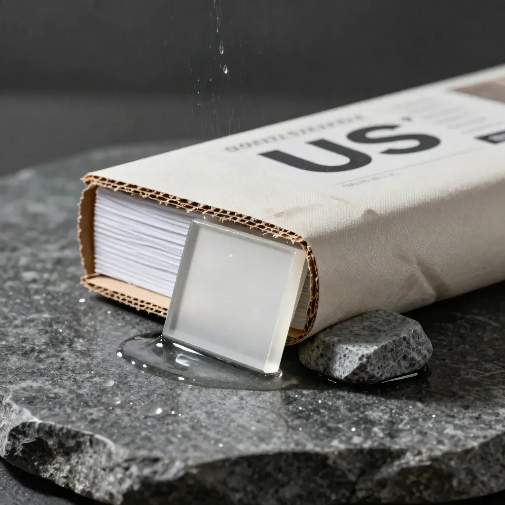 Ivory trend pack on wet stone with acrylic tile and paperweight, lit dramatically from above left.