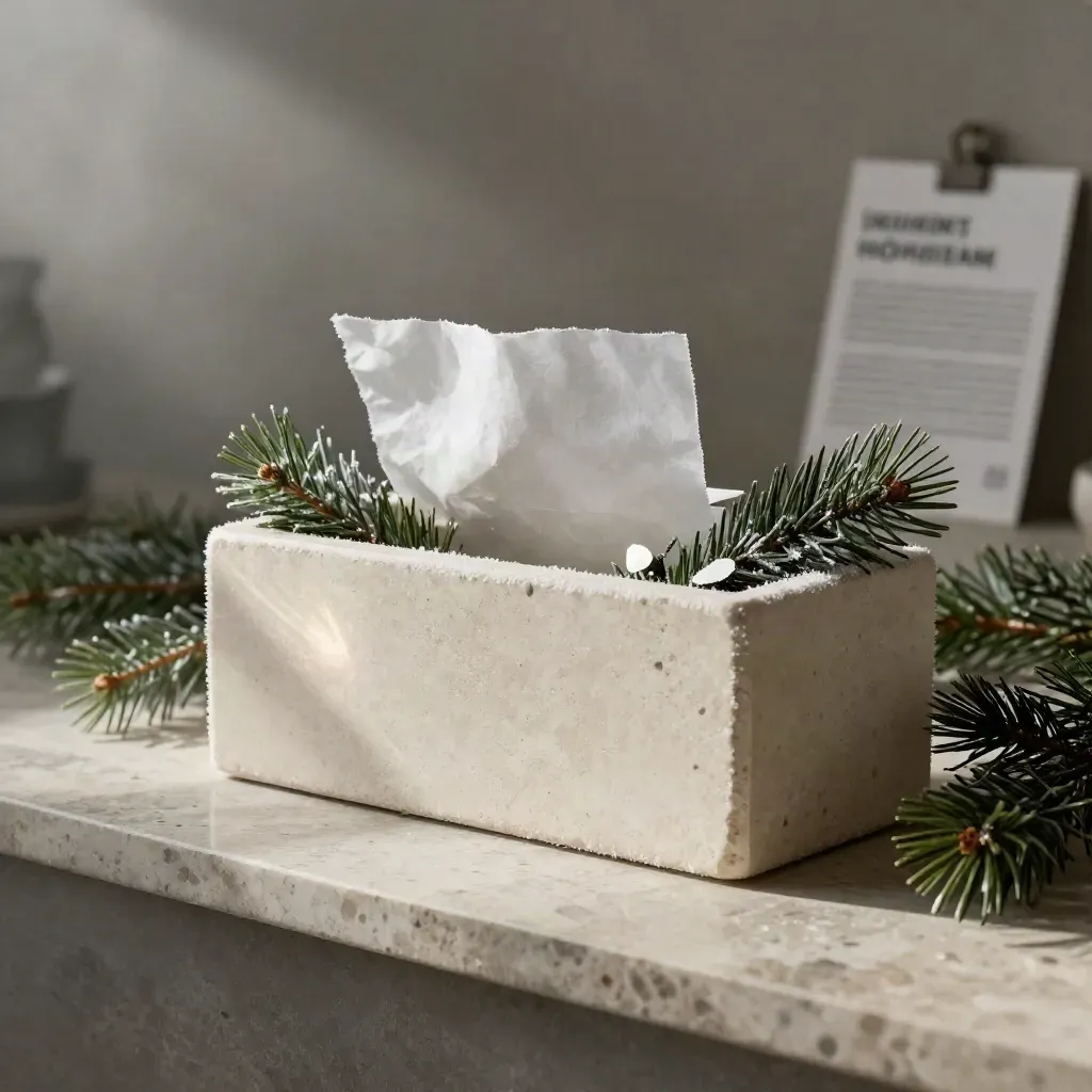 Holiday demand radar box in stone sleeve with pine sprigs, waxed paper, and ornament fragment.