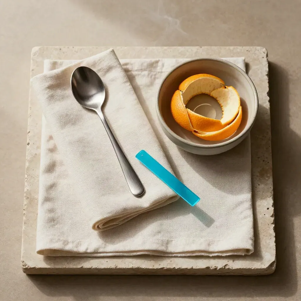 Overhead flatlay of a sand-wrapped food trend file with citrus peel, spoon, napkin, and bowl on pale stone.