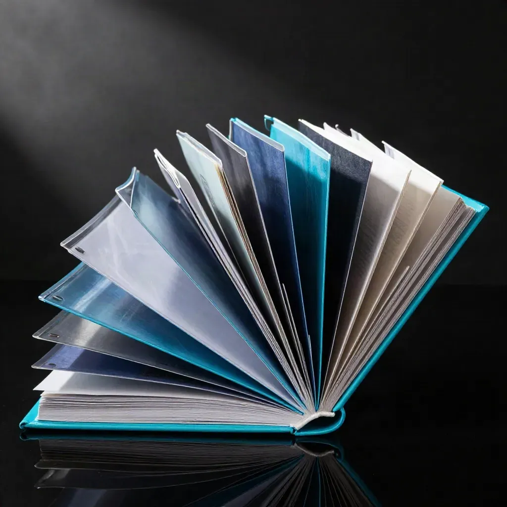 Three glowing trend report folios fan open on a matte-black surface with cyan rim light.