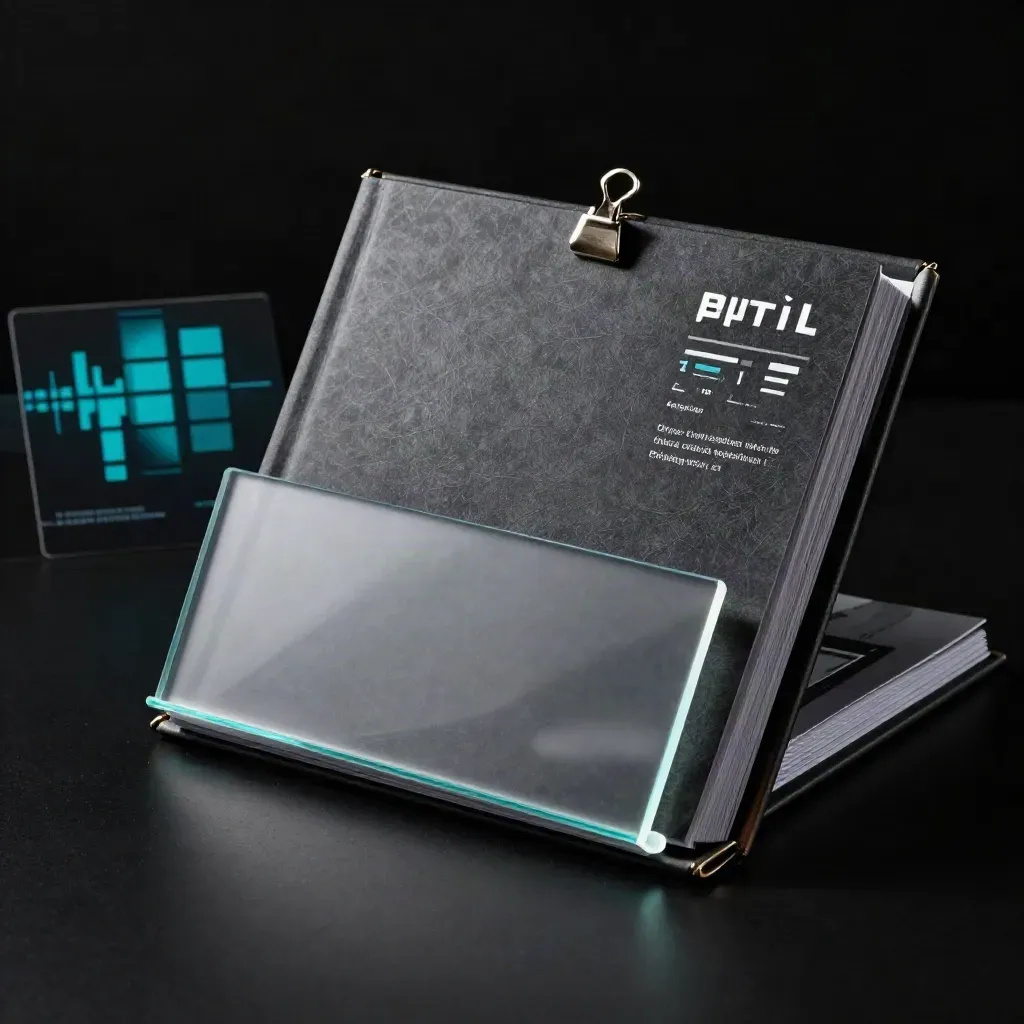 Charcoal folio with translucent dividers and a steel clip on matte-black surface, lit dramatically.