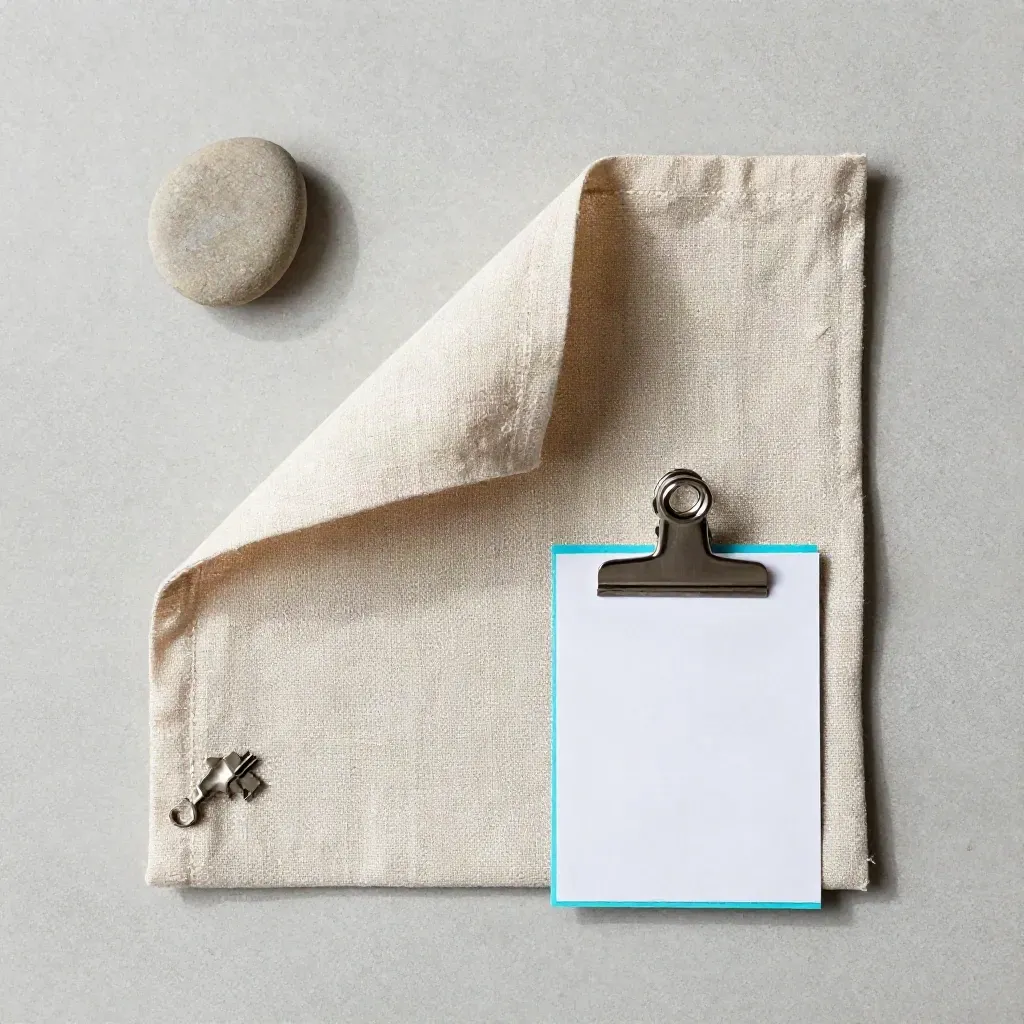 Overhead linen region-watch folio with stone and metal clip on concrete