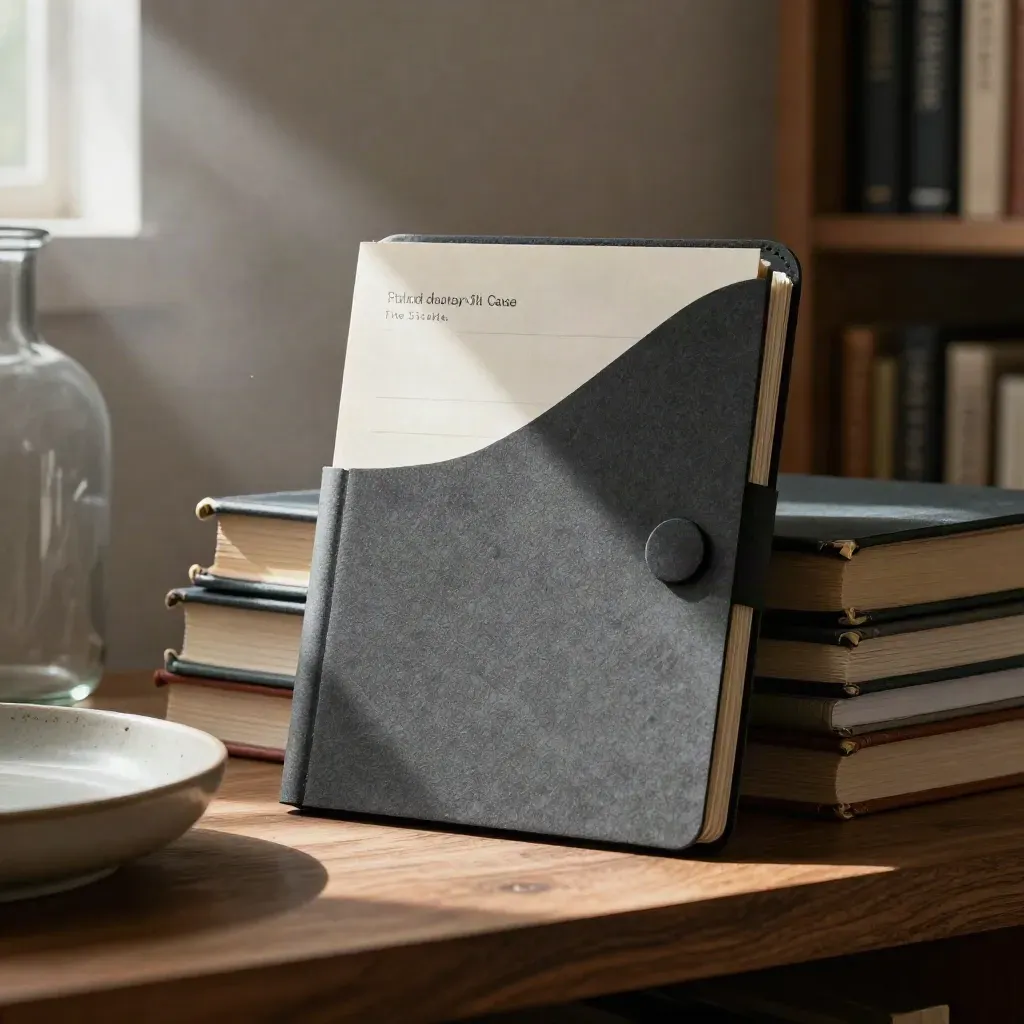 Dark paper memo sleeve beside books, ceramic tray, and smoky vase in warm window light.
