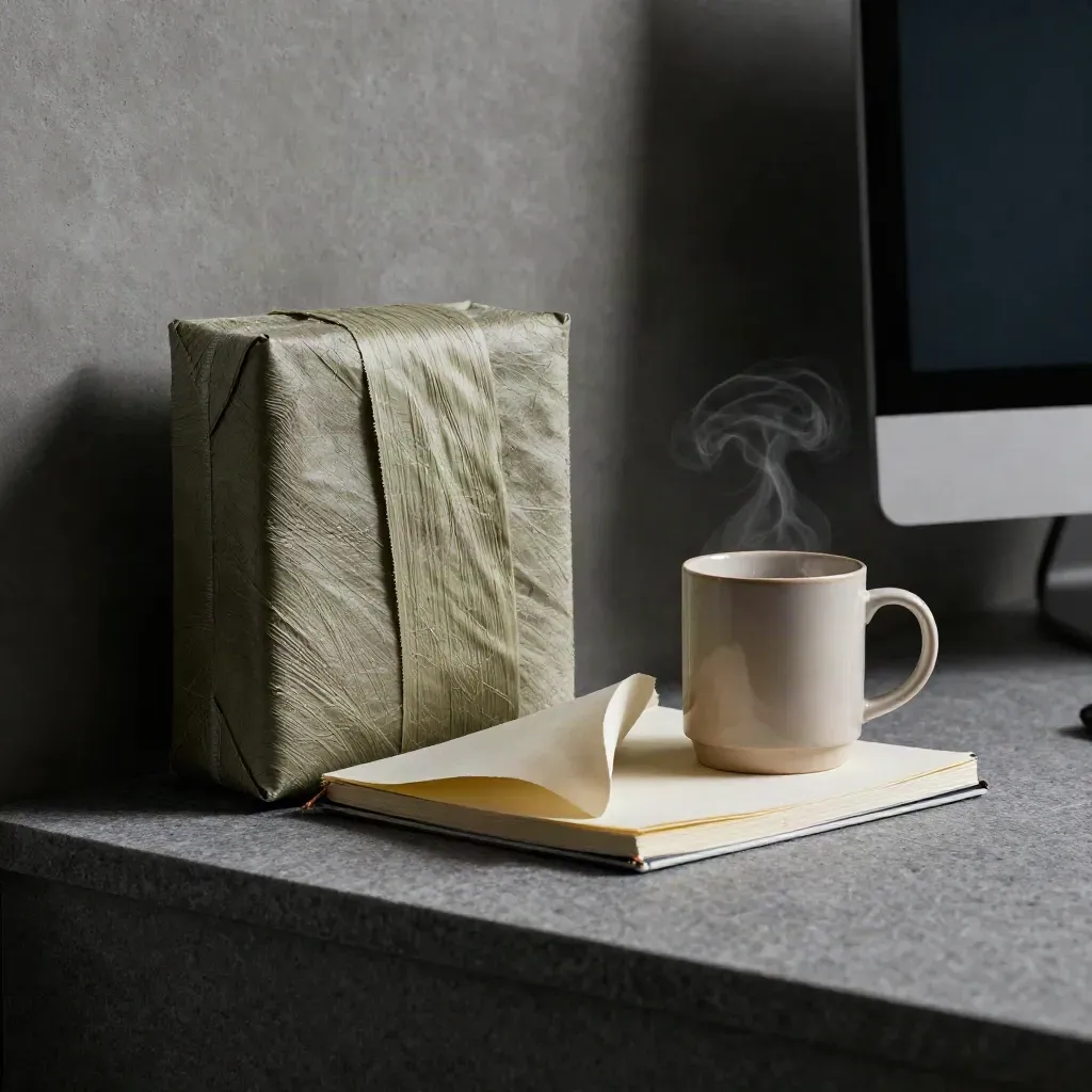 Mineral-wrapped report beside notebook and steaming mug in a dark editorial nook