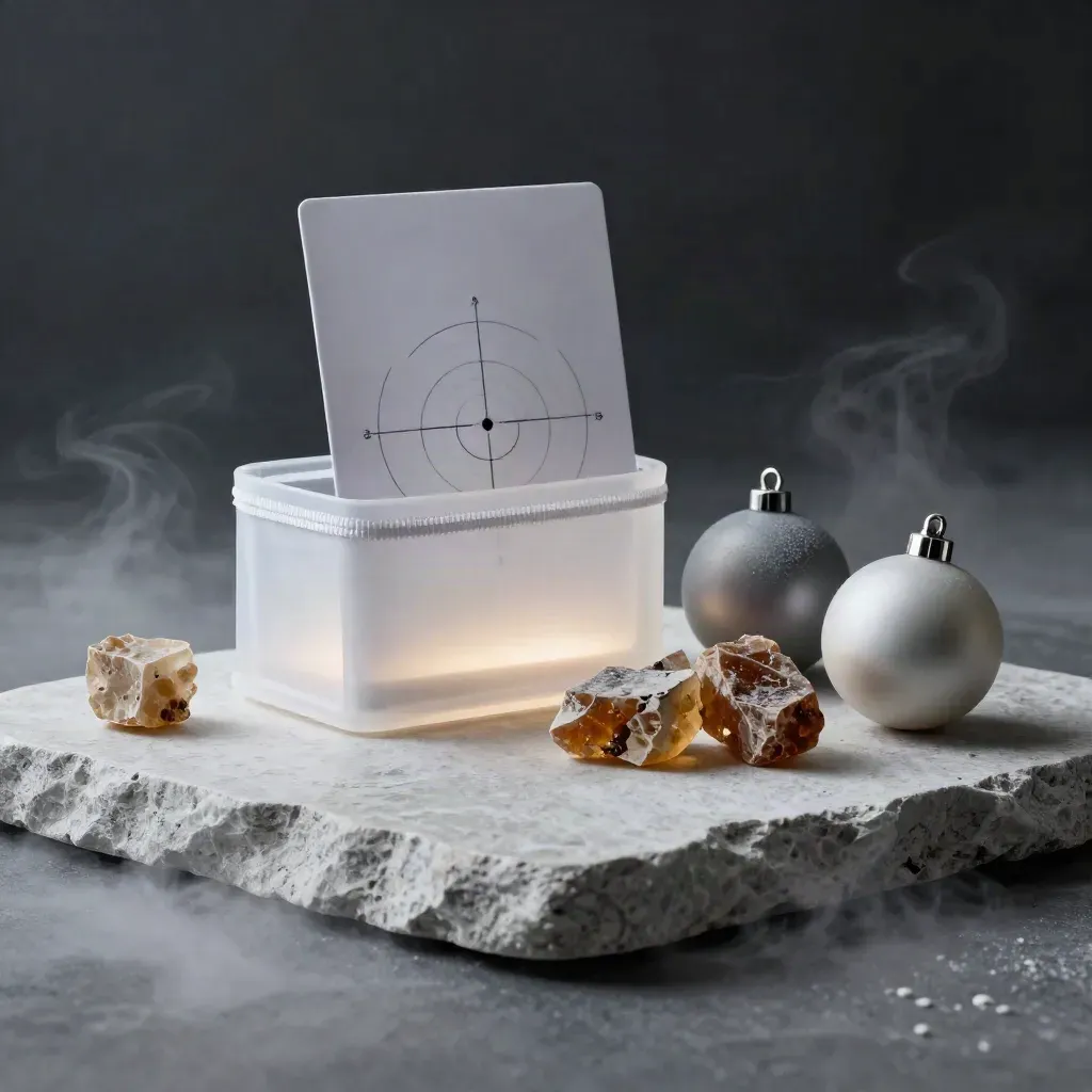 Frosted holiday sales kit on stone with resin blocks and ornament forms in cold mist.